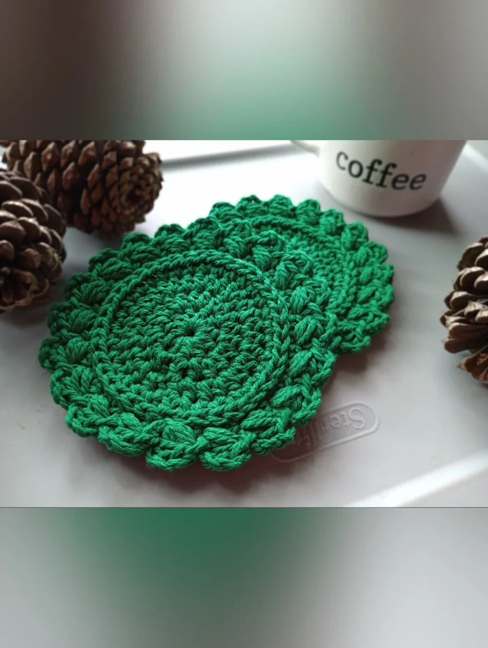 Handmade Kelly Green Crochet Coasters - Set of 2 NEW